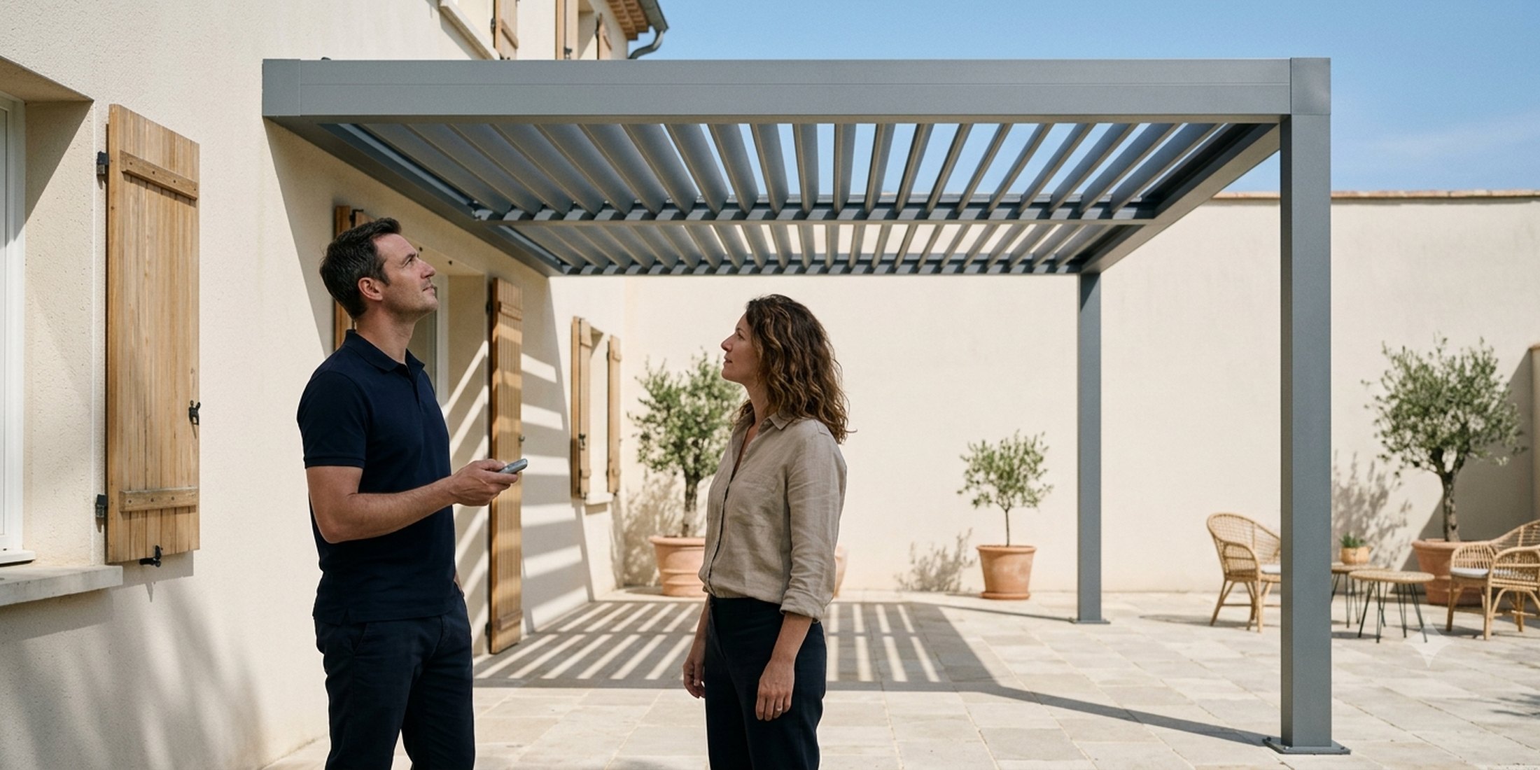 Pergola bioclimatique adossée à lames orientables vue depuis l'intérieur