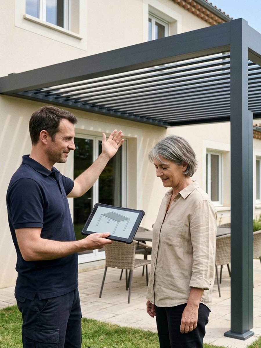 Une pergola bioclimatique adossee couvre une terrasse