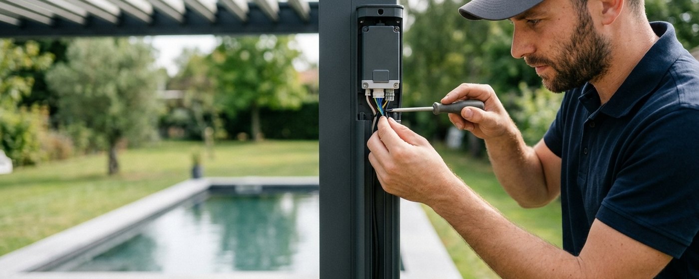 Câblage du montant motorisé d'une pergola bioclimatique