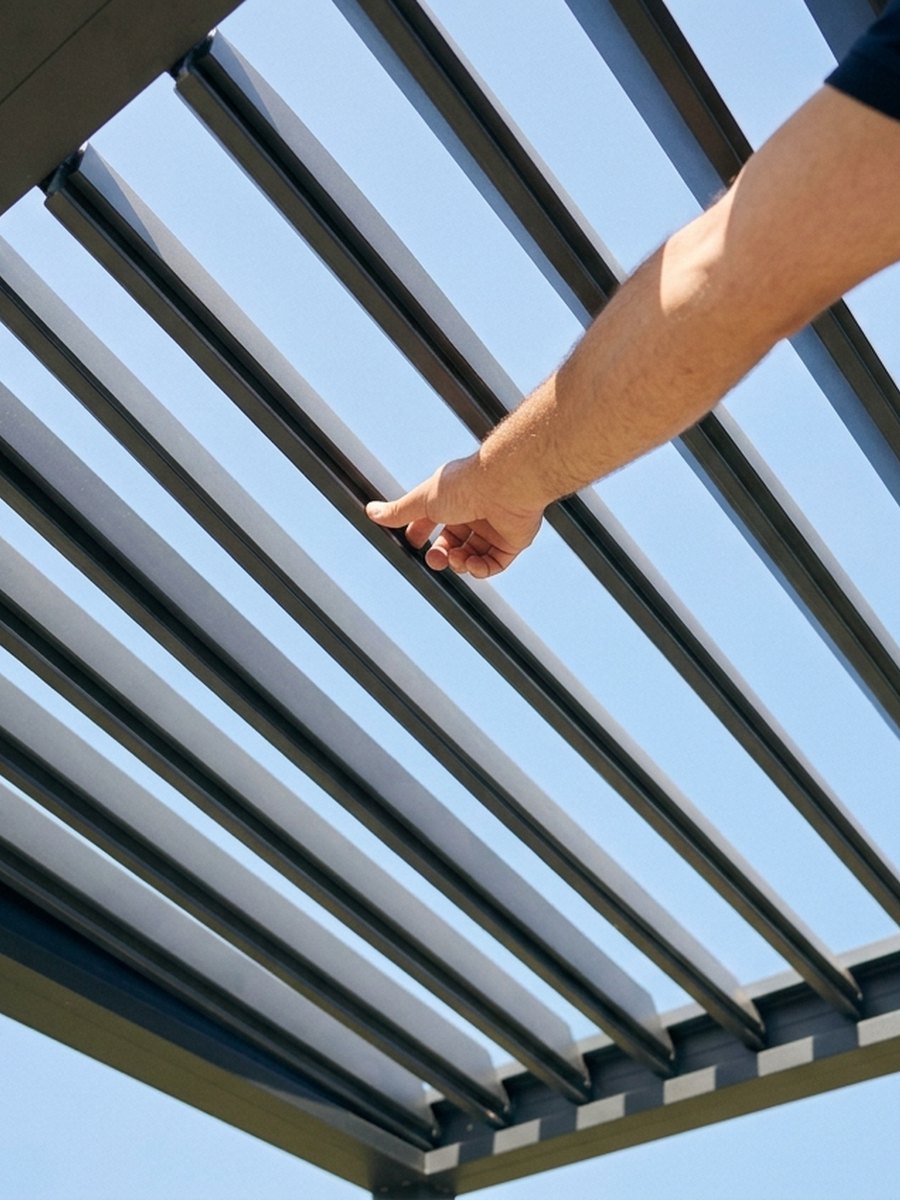 Une personne oriente les lames de sa pergola a la telecommande